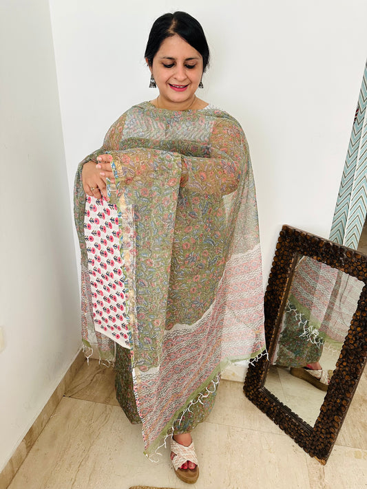 Green pink kota handblock suit set