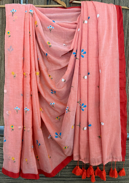 Coral passion  mull embroidery handloom sari with tassels