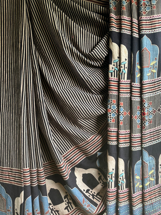 Black with brown green cotton ajrakh handembroidery sari