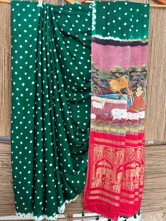 Green & red modal silk bandhani  sari with pichwai print bps
