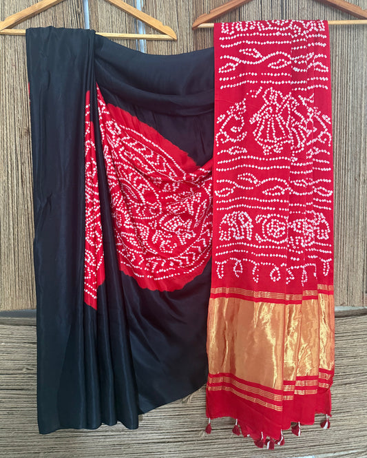 Black & red gajji silk rai bandhani chakra theme gajji sari  bs- 210