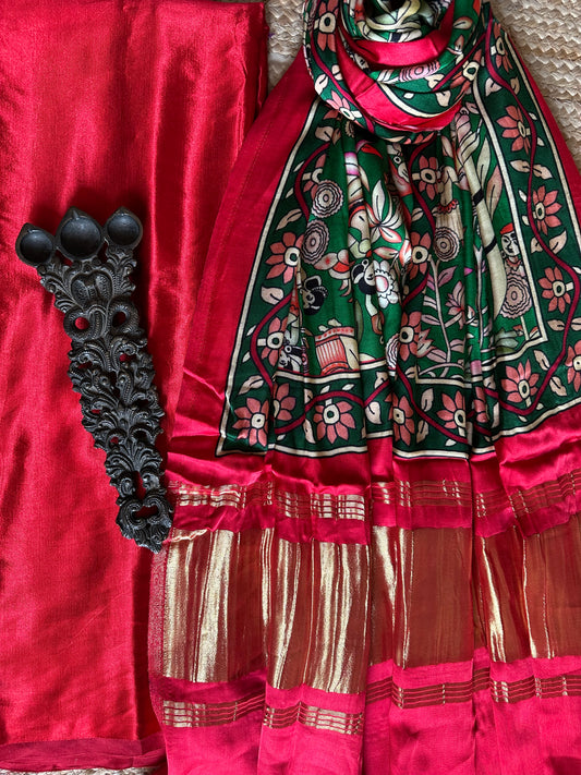 Red solid mashru silk kurta with patola handcrafted modal silk dupatta ps-24