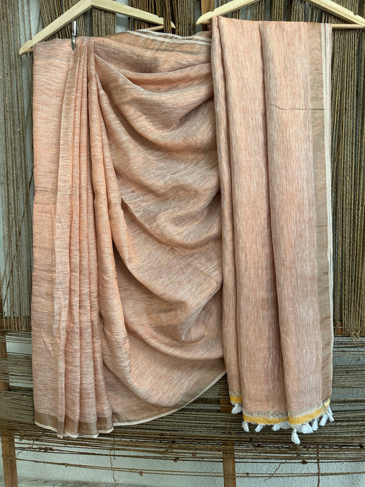 Nautral copper metallic linen sari with woven  border