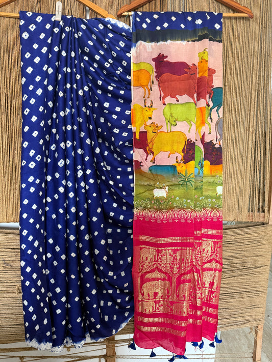 Blue & pink modal silk bandhani  sari with pichwai print bps 47
