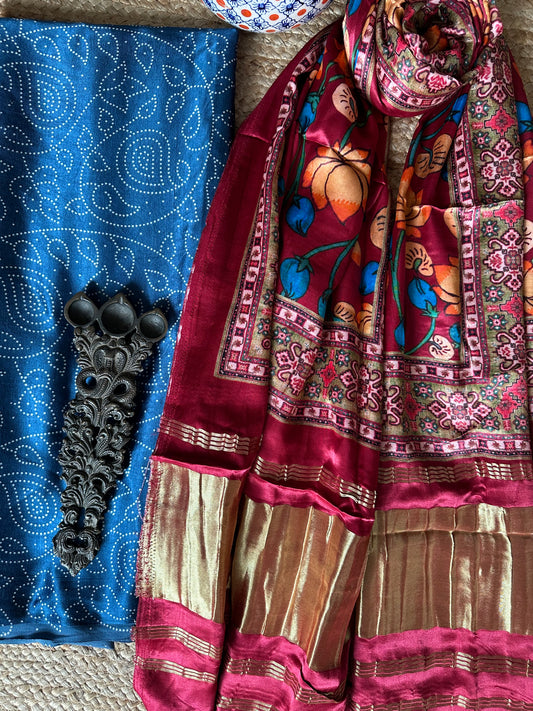 Navy blue mashru silk kurta with patola handcrafted modal silk dupatta