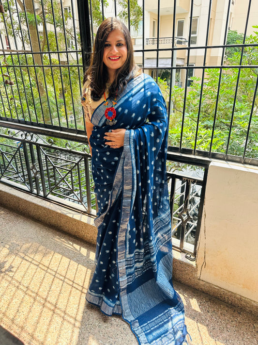 Indigo akola linen zari woven handblock sari