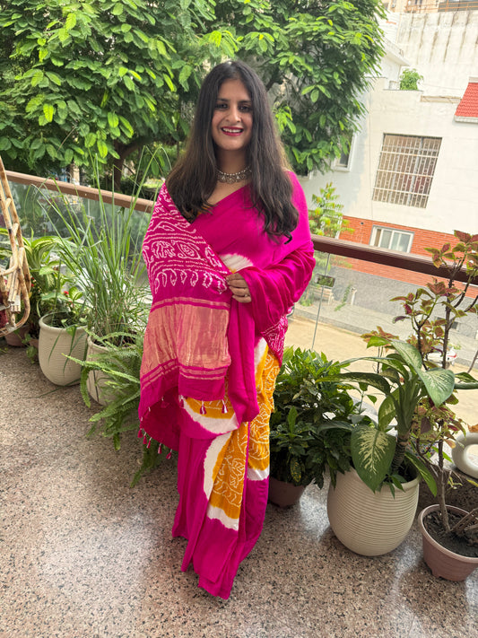 Pink & yellow gajji silk rai bandhani chakra theme gajji sari