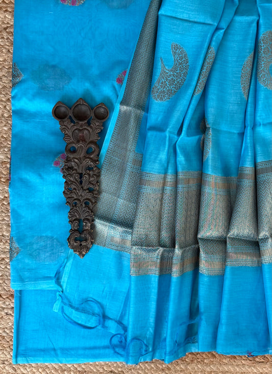 Turquoise Blue chanderi handloom  banarsi booti three piece suit