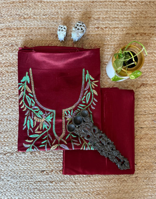 Maroon mashru silk hand embroidery kashmiri handembroidery sozni work cord set cs- 30