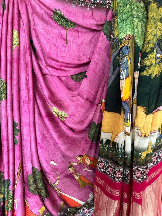 Purple pink  pichwai  modal silk patola print sari with zari border  pms- 1031