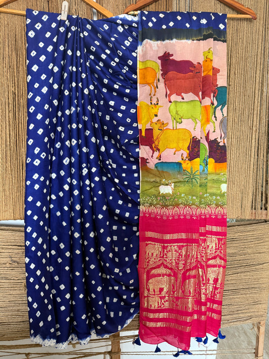 Blue & pink modal silk bandhani  sari with pichwai print bps 47