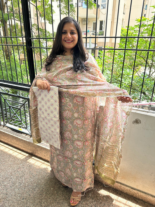 Olive green chanderi hand block suit set  cbs-58