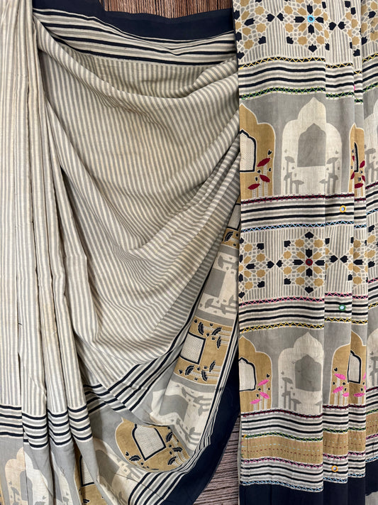 Beige  mustard cotton ajrakh handembroidery sari