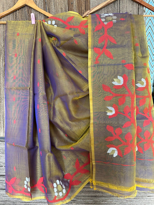 Dual shade olive green jamdani handwoven pure muslin silk sari