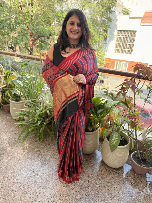 Maroon ajrakh modal silk sari with zari palla
