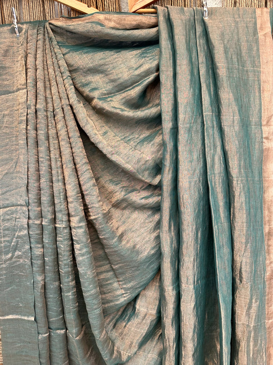 Teal blue metallic linen sari with woven  border &amp;  tassels