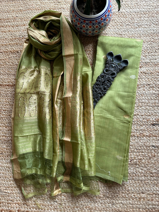 Olive green katan silk certified handloom banarsi booti three piece suit cbs-87