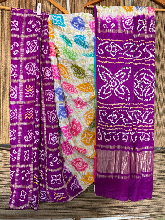 Purple & multi colour gajji silk gharchola rai bandhani gajji sari
