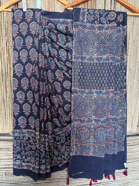 Black mull cotton  ajrakh hand crafted sari