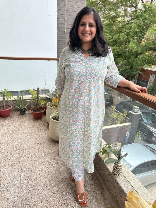 Green floral  cotton handblock handcrafted kurta set with border