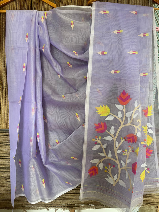 Light purple jamdani handwoven pure muslin silk sari