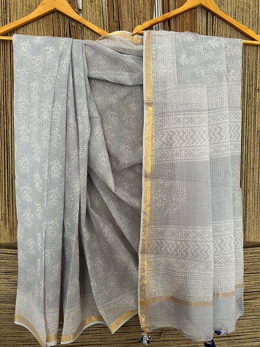 Periwinkle blue kota doria handblock sari