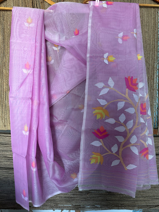 Pastel pink jamdani handwoven pure muslin silk sari