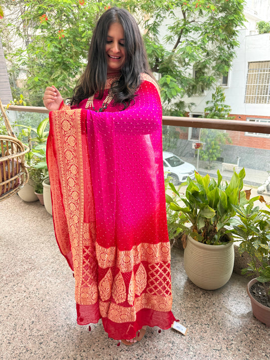 Ivory gajji and pink & red ombrã© shade handwoven bareek bandhani in meenakari jaal  premium georgette kurta set