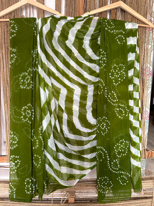Mehendi  green bandhani leheriya handcrafted chiffon sari cl-28