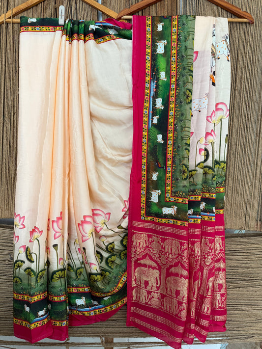 Barely peach & pink patola modal silk  pichwai print sari with zari border pms-10154