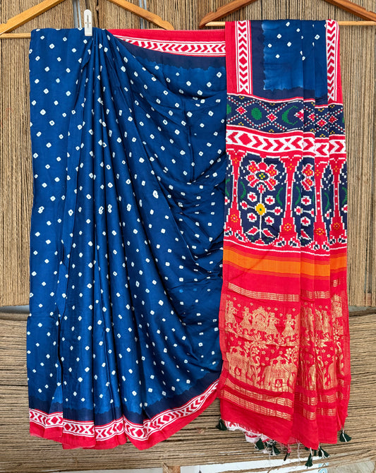 Blue red modal silk bandhani  sari with patola print bps40