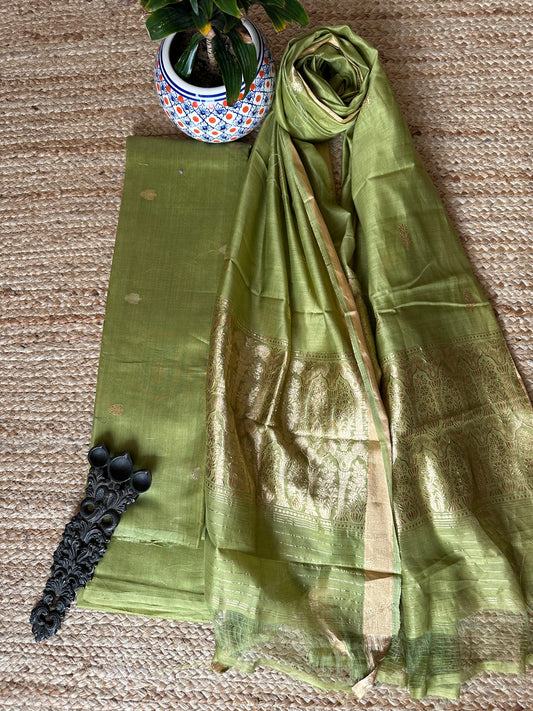 Olive green katan silk certified handloom banarsi booti three piece suit cbs-87
