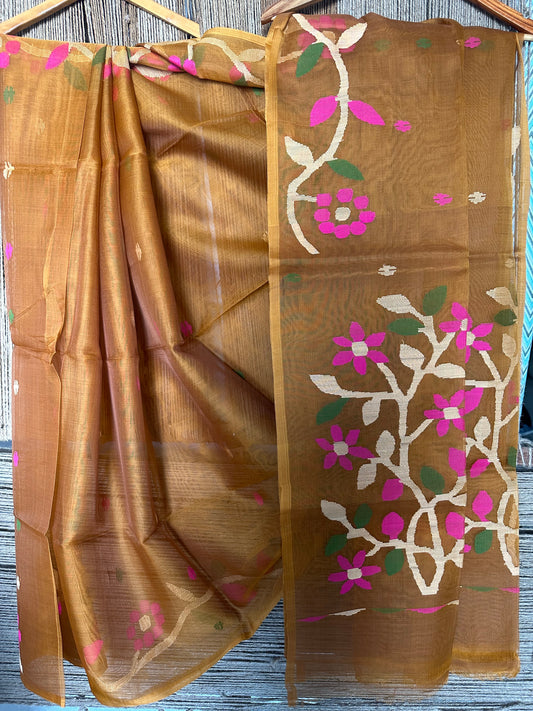 Sienna brown jamdani handwoven pure muslin silk sari