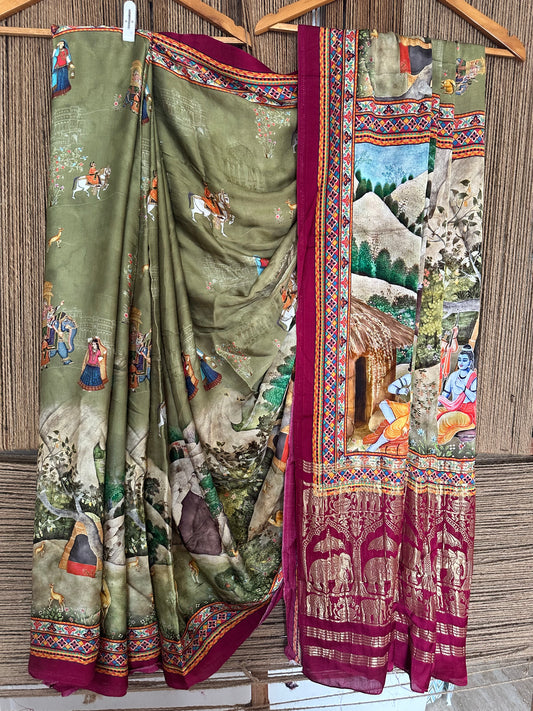 Olive green patola modal silk patola print sari with zari border pms-10149
