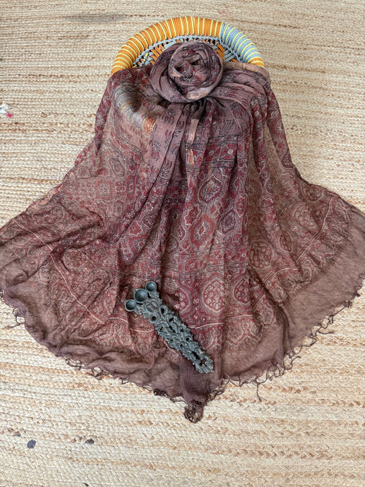 Brown  kota ajrak handcrafted dupatta