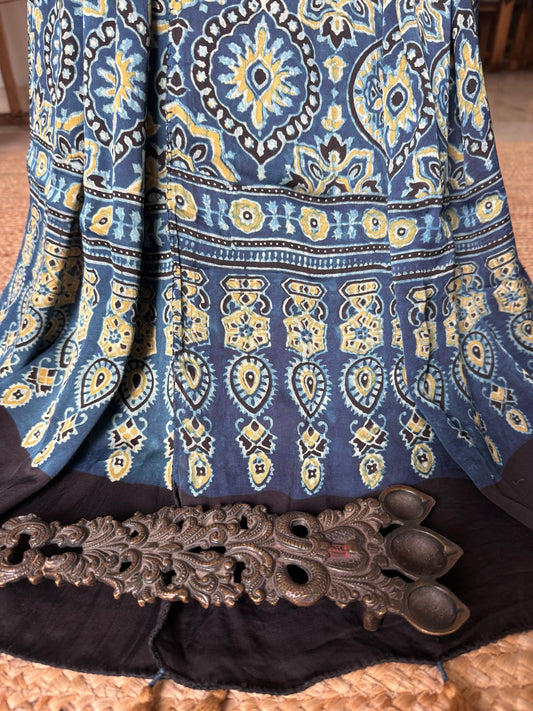 Indigo blue ajrakh modal silk handcrafted stole