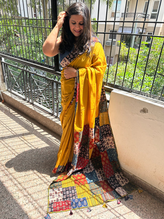 Marigold mustard patch work  ajrakh hand crafted mull saree