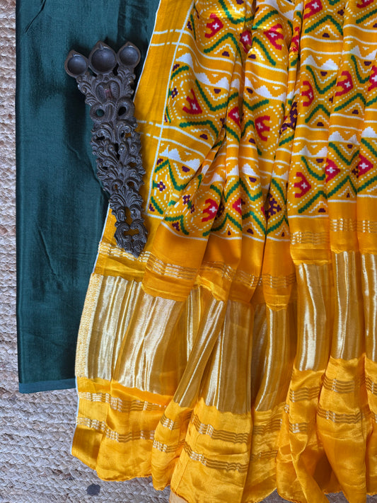 Green solid mashru silk kurta with patola   printed modal silk dupattas