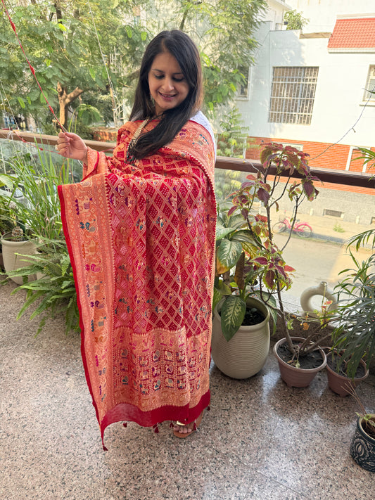 Red handwoven bareek bandhani in meenakari jaal  premium georgette dupatta