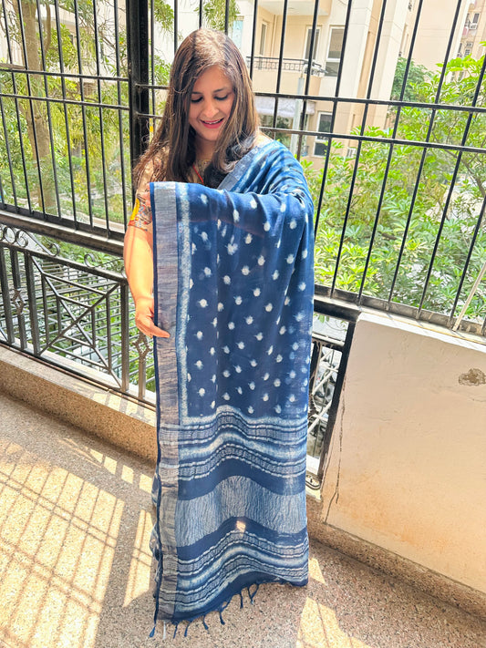 Indigo akola linen zari woven handblock sari