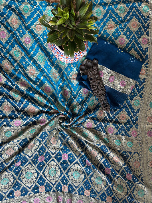 Ocean & classic blue dual shade handwoven neem zari bareek bandhani saree with khaddi georgette with meenakari work bs- 20