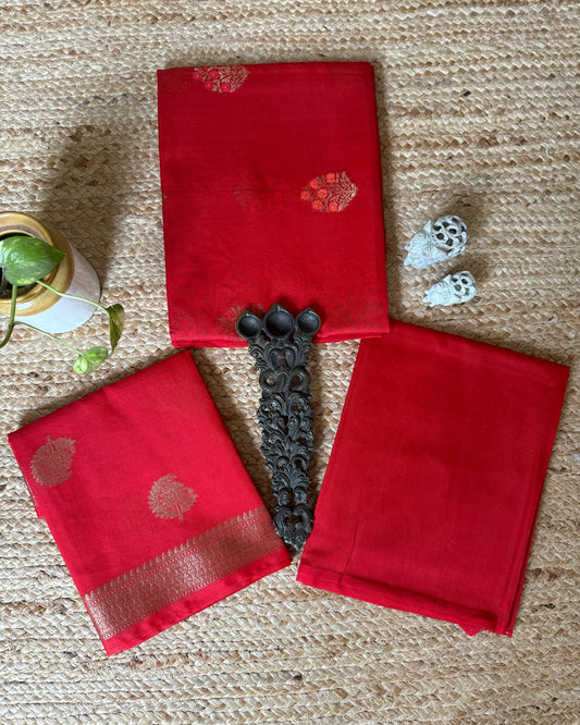 Red chanderi handloom  banarsi booti three piece suit  cbs-308