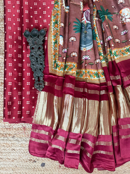 Maroon mashru silk kurta with patola handcrafted modal silk dupatta