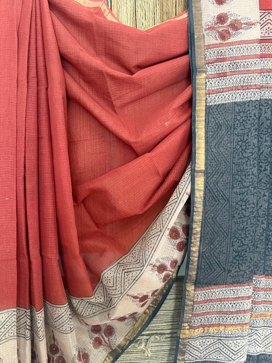 Maroon kota doria handblock sari