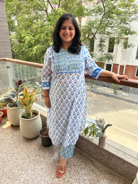 Green blue floral  cotton handblock handcrafted kurta set with border