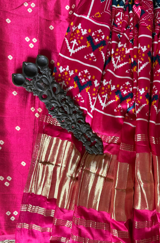 Pink mashru silk kurta with patola handcrafted modal silk dupatta