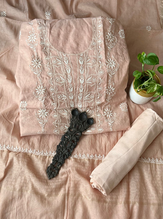 Peach pink premium  chanderi cotton lucknowi chickenkari hand embroidery three piece suit