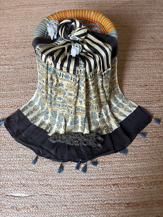 Beige golden ajrakh modal silk handcrafted stole