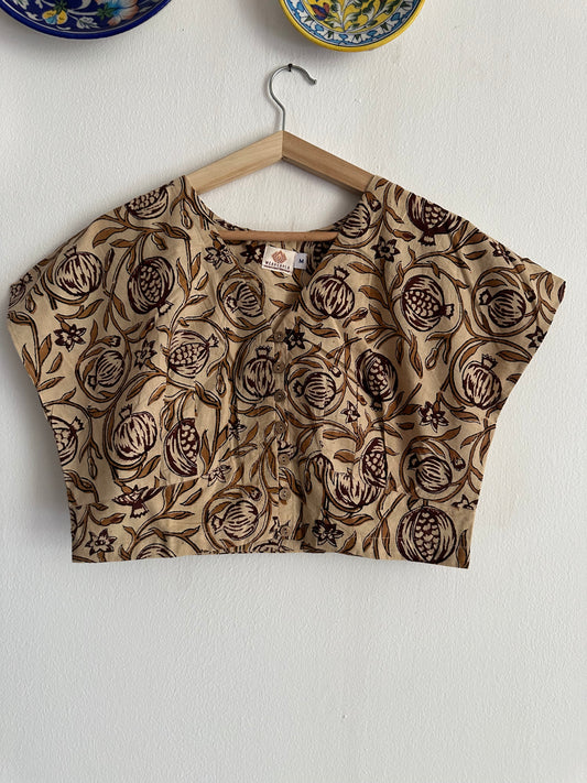 Beige kalamkari cotton blouse  blouse with wooden button