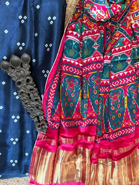 Blue three dotmashru silk kurta with patola handcrafted modal silk dupatta ps-211